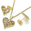 Oro Laminado Earring and Pendant Adult Set, Gold Filled Style Heart Design, with Garnet and White Micro Pave, Polished, Golden Finish, 10.156.0293.1