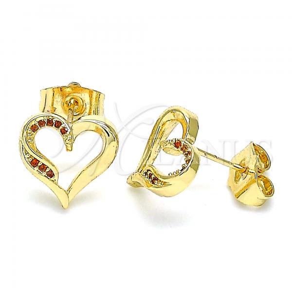 Oro Laminado Stud Earring, Gold Filled Style Heart Design, with Garnet Micro Pave, Polished, Golden Finish, 02.156.0486.2