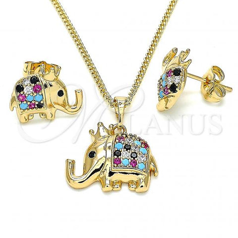 Oro Laminado Earring and Pendant Adult Set, Gold Filled Style Elephant and Crown Design, with Multicolor Micro Pave, Polished, Golden Finish, 10.26.0022