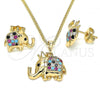 Oro Laminado Earring and Pendant Adult Set, Gold Filled Style Elephant and Crown Design, with Multicolor Micro Pave, Polished, Golden Finish, 10.26.0022