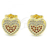 Oro Laminado Stud Earring, Gold Filled Style Heart Design, with Garnet and White Micro Pave, Polished, Golden Finish, 02.156.0508.1