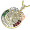 Oro Laminado Religious Pendant, Gold Filled Style Centenario Coin and Angel Design, with Garnet and Green Crystal, Polished, Tricolor, 05.380.0030.1