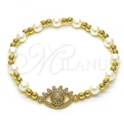 Oro Laminado Fancy Bracelet, Gold Filled Style Expandable Bead and Evil Eye Design, with White Micro Pave and Ivory Pearl, Polished, Golden Finish, 03.299.0104.07