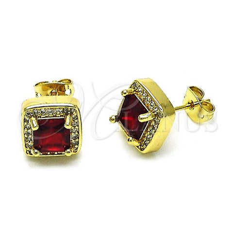 Oro Laminado Stud Earring, Gold Filled Style Cluster Design, with Garnet and White Cubic Zirconia, Polished, Golden Finish, 02.342.0338