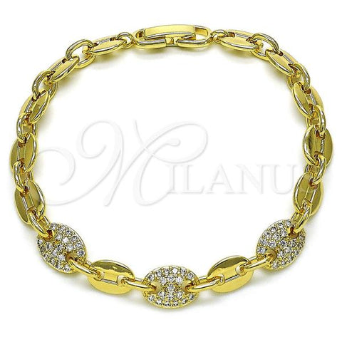 Oro Laminado Fancy Bracelet, Gold Filled Style Puff Mariner Design, with White Micro Pave, Polished, Golden Finish, 03.283.0379.07
