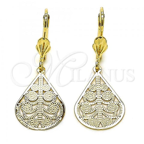 Oro Laminado Dangle Earring, Gold Filled Style Leaf Design, Diamond Cutting Finish, Golden Finish, 5.105.006