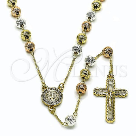 Oro Laminado Medium Rosary, Gold Filled Style San Benito and Crucifix Design, with White Cubic Zirconia, Diamond Cutting Finish, Tricolor, 09.253.0085.26