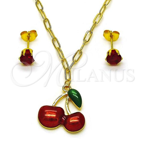 Oro Laminado Earring and Pendant Adult Set, Gold Filled Style Cherry and Paperclip Design, with Garnet Cubic Zirconia, Red Enamel Finish, Golden Finish, 10.417.0028