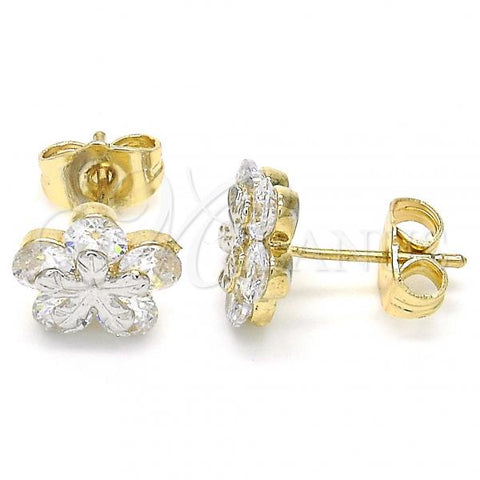 Oro Laminado Stud Earring, Gold Filled Style Flower Design, with White Cubic Zirconia, Polished, Two Tone, 02.210.0239
