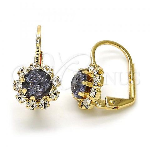 Oro Laminado Leverback Earring, Gold Filled Style Flower Design, with Amethyst and White Crystal, Polished, Golden Finish, 02.122.0085.1