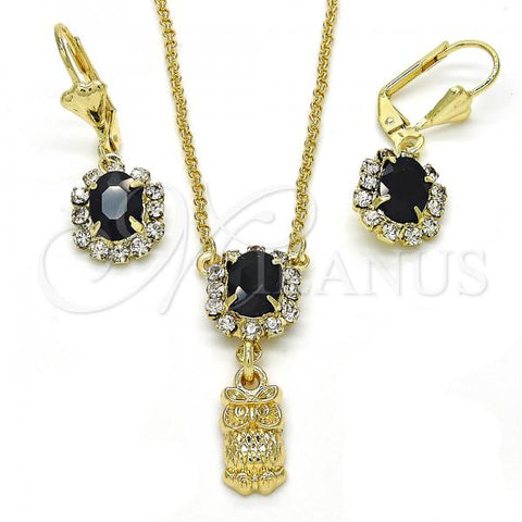 Oro Laminado Earring and Pendant Adult Set, Gold Filled Style Owl Design, with Black and White Crystal, Polished, Golden Finish, 10.122.0009.1