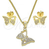 Oro Laminado Earring and Pendant Adult Set, Gold Filled Style Butterfly Design, with White Micro Pave, Polished, Golden Finish, 10.156.0261