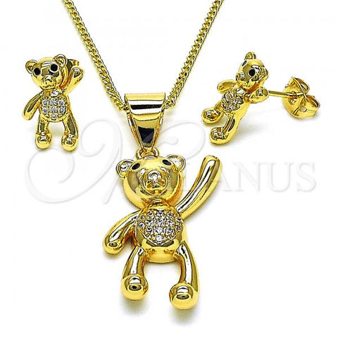 Oro Laminado Earring and Pendant Adult Set, Gold Filled Style Teddy Bear Design, with White and Black Micro Pave, Polished, Golden Finish, 10.342.0112