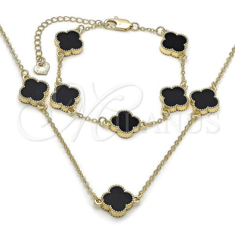Oro Laminado Necklace and Bracelet, Gold Filled Style Four-leaf Clover and Rolo Design, with Black Mother of Pearl, Polished, Golden Finish, 06.120.0001.2