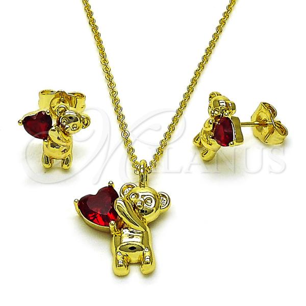Oro Laminado Earring and Pendant Adult Set, Gold Filled Style Teddy Bear and Heart Design, with Garnet Cubic Zirconia, Polished, Golden Finish, 10.156.0527