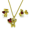 Oro Laminado Earring and Pendant Adult Set, Gold Filled Style Teddy Bear and Heart Design, with Garnet Cubic Zirconia, Polished, Golden Finish, 10.156.0527