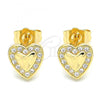 Oro Laminado Stud Earring, Gold Filled Style Heart Design, with White Micro Pave, Polished, Golden Finish, 02.233.0048