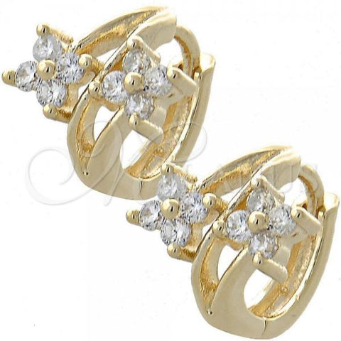 Oro Laminado Huggie Hoop, Gold Filled Style Flower Design, with White Cubic Zirconia, Polished, Golden Finish, 02.97.0106