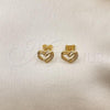 Oro Laminado Stud Earring, Gold Filled Style Heart Design, with White Micro Pave, Polished, Golden Finish, 02.412.0005