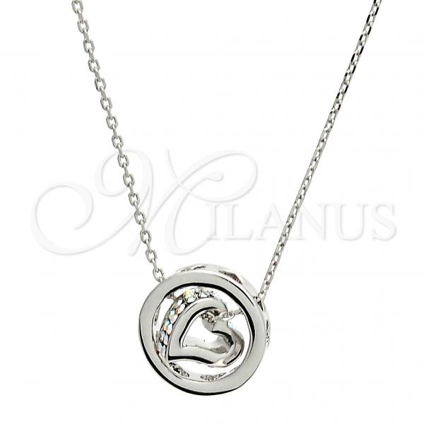 Rhodium Plated Pendant Necklace, Heart and Rolo Design, with Aurore Boreale Swarovski Crystals, Polished, Rhodium Finish, 04.239.0027.16