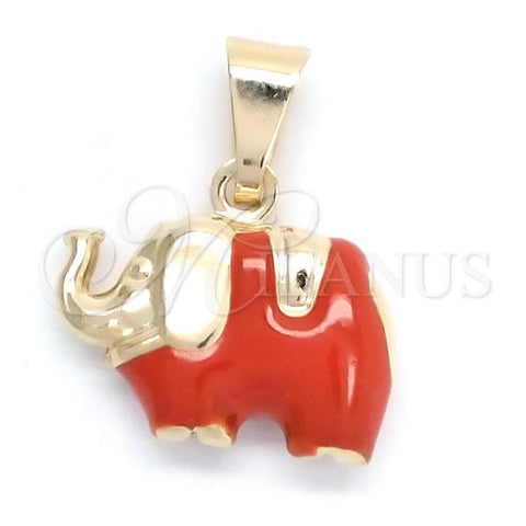Oro Laminado Fancy Pendant, Gold Filled Style Elephant Design, Red Enamel Finish, Golden Finish, 05.58.0008.1