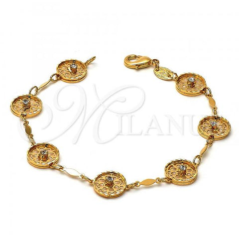 Oro Laminado Fancy Bracelet, Gold Filled Style Flower Design, with White Cubic Zirconia, Diamond Cutting Finish, Golden Finish, 5.027.012