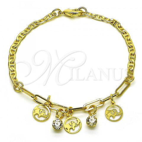 Oro Laminado Charm Bracelet, Gold Filled Style Elephant and Paperclip Design, with White Crystal, Polished, Golden Finish, 03.63.2254.08