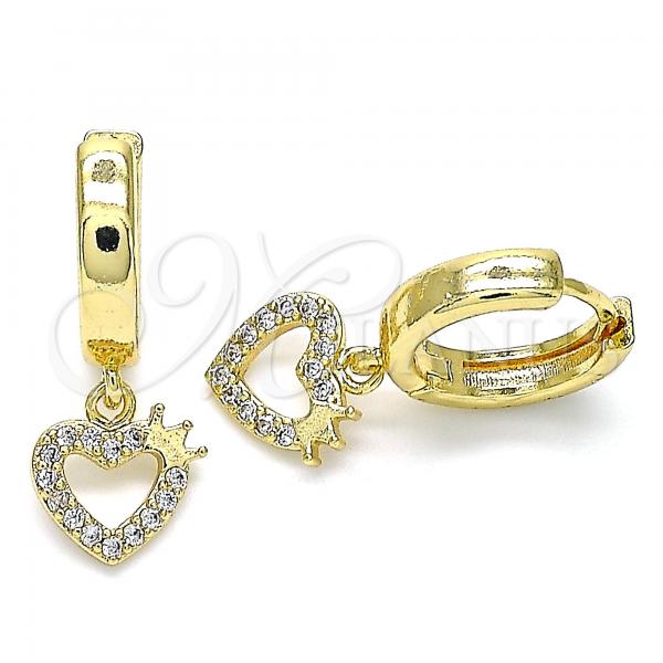 Oro Laminado Huggie Hoop, Gold Filled Style Heart and Crown Design, with White Micro Pave, Polished, Golden Finish, 02.210.0512.15