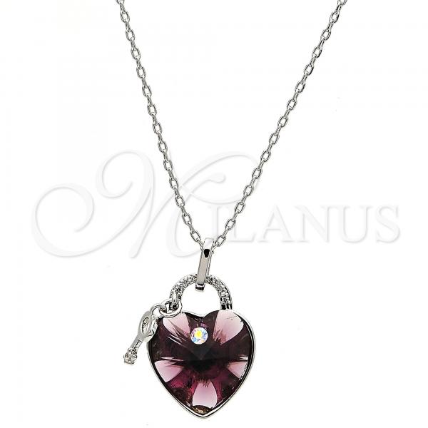 Rhodium Plated Pendant Necklace, Heart and key Design, with Amethyst Swarovski Crystals and White Micro Pave, Polished, Rhodium Finish, 04.239.0015.1.16