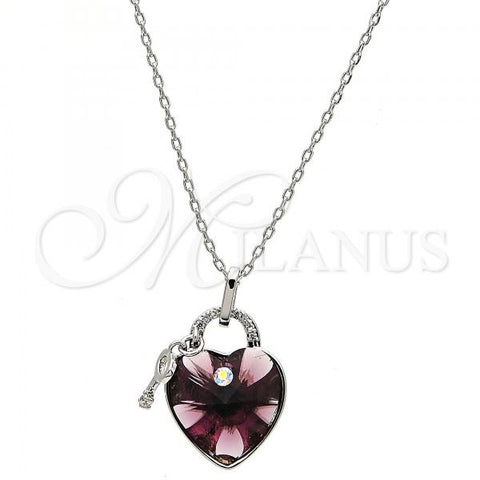 Rhodium Plated Pendant Necklace, Heart and key Design, with Amethyst Swarovski Crystals and White Micro Pave, Polished, Rhodium Finish, 04.239.0015.1.16