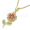 Oro Laminado Pendant Necklace, Gold Filled Style Flower Design, with White Crystal, Red Enamel Finish, Golden Finish, 04.253.0015.20