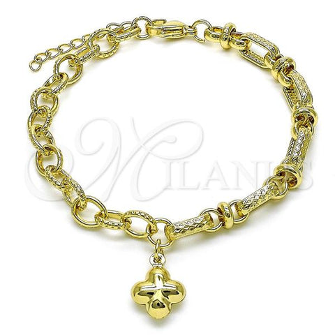 Oro Laminado Fancy Bracelet, Gold Filled Style Flower and Rolo Design, Polished, Golden Finish, 03.213.0244.07
