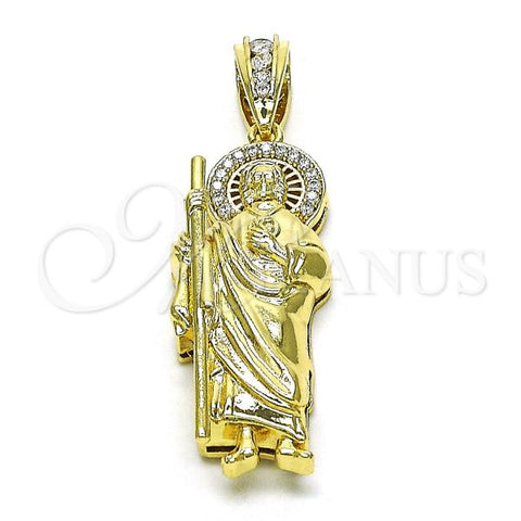 Oro Laminado Religious Pendant, Gold Filled Style San Judas Design, with White Micro Pave and White Cubic Zirconia, Polished, Golden Finish, 05.411.0003