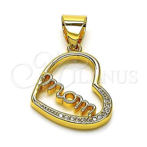 Oro Laminado Fancy Pendant, Gold Filled Style Heart and Mom Design, with White Micro Pave, Polished, Golden Finish, 05.342.0202