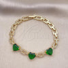 Oro Laminado Fancy Bracelet, Gold Filled Style Heart Design, with Green Cubic Zirconia and White Micro Pave, Polished, Golden Finish, 03.284.0043.2.07