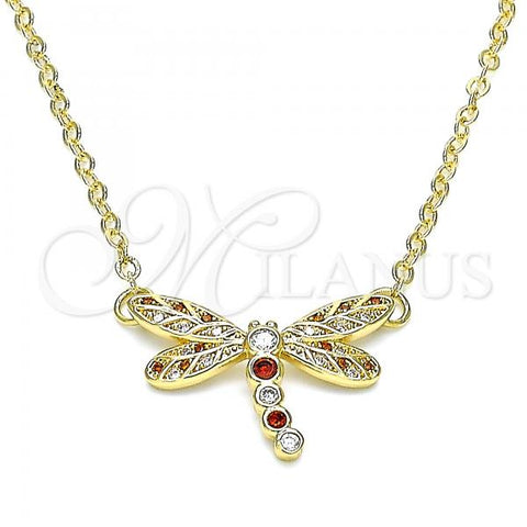 Oro Laminado Pendant Necklace, Gold Filled Style Dragon-Fly Design, with Garnet and White Micro Pave, Polished, Golden Finish, 04.156.0441.1.18