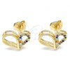 Oro Laminado Stud Earring, Gold Filled Style Heart Design, with Multicolor Micro Pave, Polished, Golden Finish, 02.156.0457.3