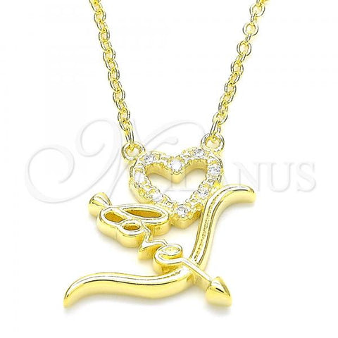 Sterling Silver Pendant Necklace, Heart and Love Design, with White Cubic Zirconia, Polished, Golden Finish, 04.336.0008.2.16