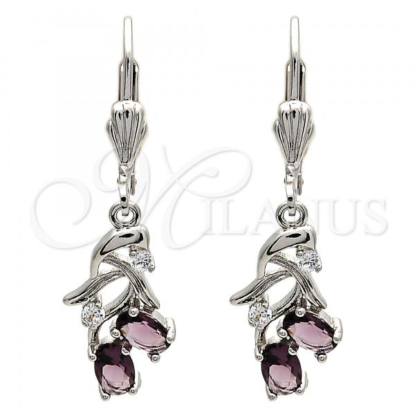 Rhodium Plated Dangle Earring, Cherry Design, with Amethyst and White Cubic Zirconia, Polished, Rhodium Finish, 02.205.0049.8