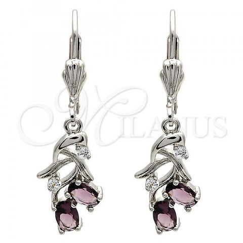 Rhodium Plated Dangle Earring, Cherry Design, with Amethyst and White Cubic Zirconia, Polished, Rhodium Finish, 02.205.0049.8