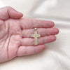Oro Laminado Fancy Pendant, Gold Filled Style Cross Design, with Golden Cubic Zirconia and White Micro Pave, Polished, Golden Finish, 05.341.0103