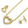 Oro Laminado Earring and Pendant Adult Set, Gold Filled Style Heart Design, with White Micro Pave, Polished, Golden Finish, 10.156.0146