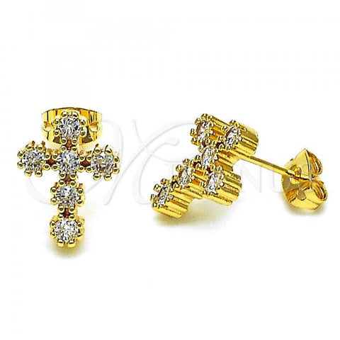 Oro Laminado Stud Earring, Gold Filled Style Cross Design, with White Cubic Zirconia, Polished, Golden Finish, 02.342.0255