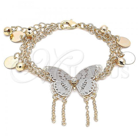 Oro Laminado Charm Bracelet, Gold Filled Style Butterfly and Rattle Charm Design, with White Crystal, Polished, Tricolor, 03.331.0092.08