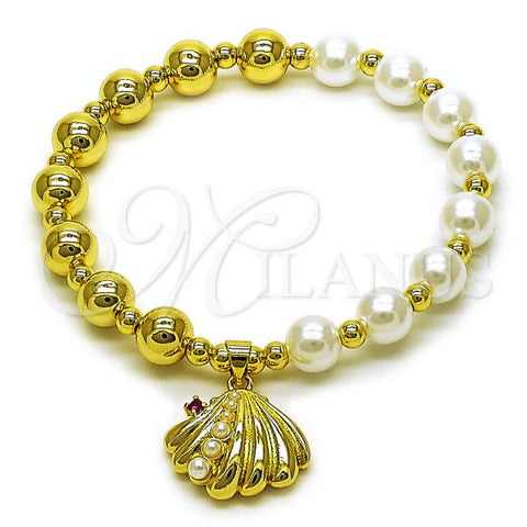 Oro Laminado Fancy Bracelet, Gold Filled Style Shell and Expandable Bead Design, with Ivory Pearl and Ruby Cubic Zirconia, Polished, Golden Finish, 03.341.0252.07