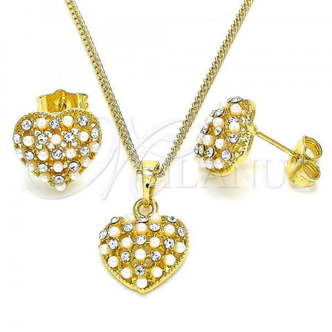 Oro Laminado Earring and Pendant Adult Set, Gold Filled Style Heart Design, with White Crystal and Ivory Pearl, Polished, Golden Finish, 10.379.0019