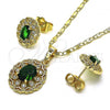 Oro Laminado Earring and Pendant Adult Set, Gold Filled Style Flower and Heart Design, with Green Cubic Zirconia and White Micro Pave, Polished, Golden Finish, 10.196.0073