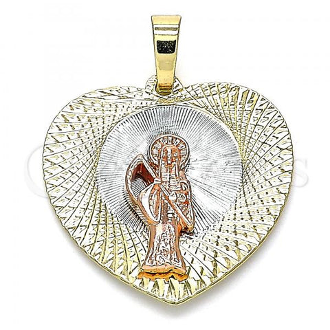 Oro Laminado Religious Pendant, Gold Filled Style Santa Muerte and Heart Design, Diamond Cutting Finish, Tricolor, 05.380.0133