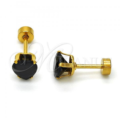 Stainless Steel Stud Earring, Heart Design, with Black Cubic Zirconia, Polished, Golden Finish, 02.271.0009.4