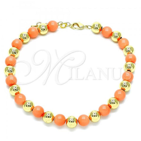 Oro Laminado Fancy Anklet, Gold Filled Style Ball Design, with Pink Pearl, Polished, Golden Finish, 03.63.2225.2.10